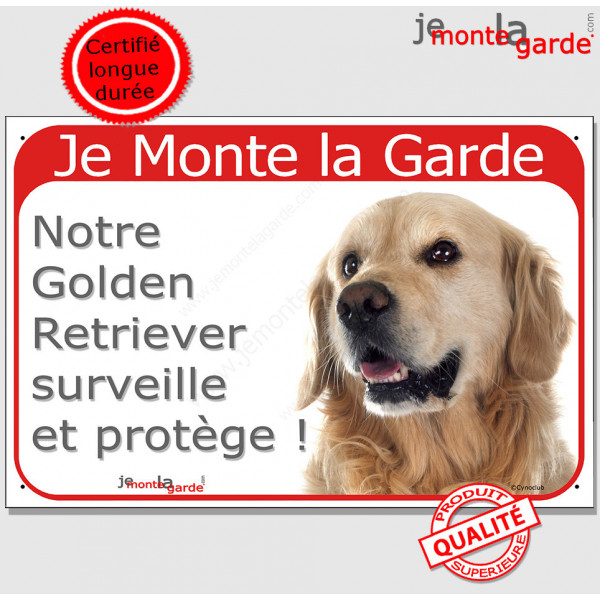 Golden Retriever foncé Tête, Plaque portail rouge "Je Monte la Garde, surveille protège" panneau pancarte photo visible voyant