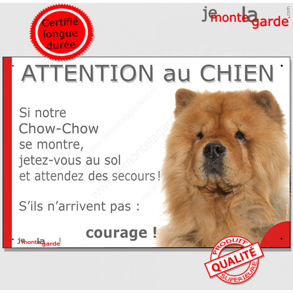 Chow-Chow fauve orange, plaque portail humour "Attention au Chien, Jetez Vous au Sol, attendez secours, courage" pancarte drôle 