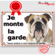 Bulldog Anglais fauve, Plaque portail "Je Monte la Garde, risques périls" panneau affiche pancarte Bouledogue beige sable