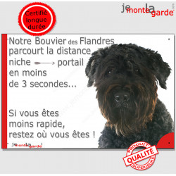 Bouvier des Flandres, plaque humour "parcourt distance Niche-Portail moins 3 secondes, rapide" pancarte photo attention au chien