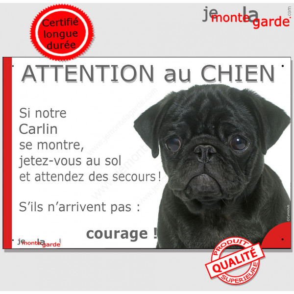 Carlin noir, plaque portail humour "Attention au Chien, Jetez Vous au Sol, attendez secours courage" pancarte drôle photo Pug