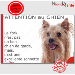 Plaque humour "Attention au Chien, notre York est une sonnette" panneau pancarte humour Yorkshire Terrier poils longs photo
