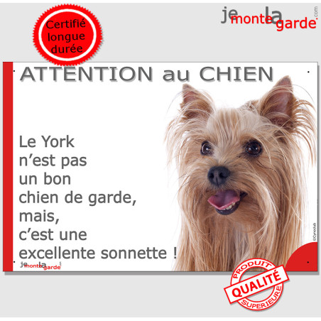 Plaque portail humour "Attention au Chien, notre York, pas chien de garde, excellente sonnette" Yorkshire Terrier poils longs ph