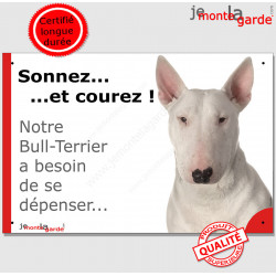 Bul Terrier, plaque humour "Sonnez et Courez !" 24 cm RUN