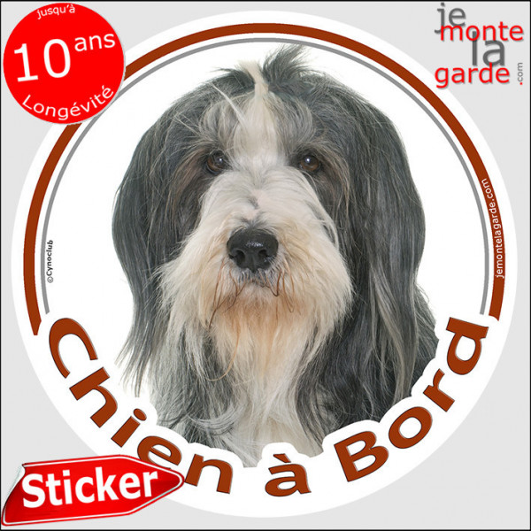 Bearded Collie noir et blanc, sticker autocollant rond "Chien à Bord" disque adhésif vitre voiture gris photo