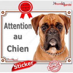 Boxer fauve marron, panneau autocollant "Attention au Chien" pancarte photo, sticker adhésif race
