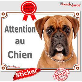 Boxer fauve marron, panneau autocollant "Attention au Chien" photo,sticker adhésif race, résiste extérieur, fabriqué en France