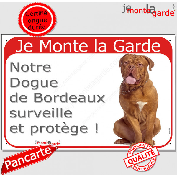 Dogue de Bordeaux, plaque portail rouge "Je Monte la Garde surveille protège" pancarte fluo visible photo 