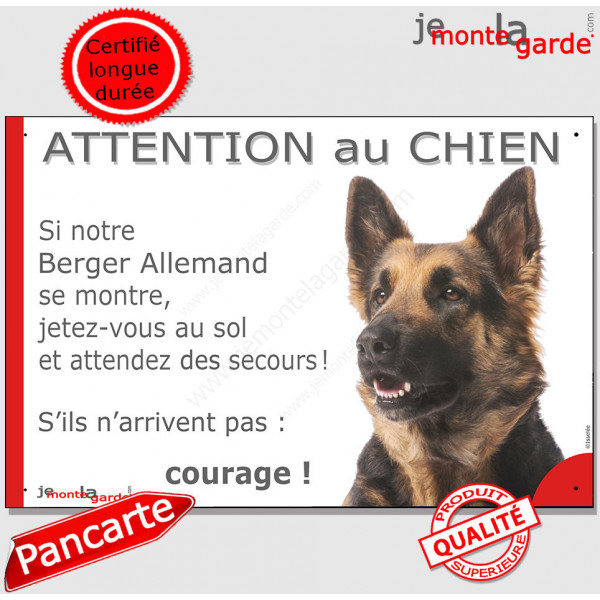 Berger Allemand poils mi-longs, plaque portail humour "Attention au Chien, Jetez Vous au Sol, attendez secours, courage" photo