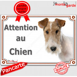 Fox Terrier blanc et fauve poils durs Tête, plaque portail "Attention au Chien" pancarte panneau affiche photo race