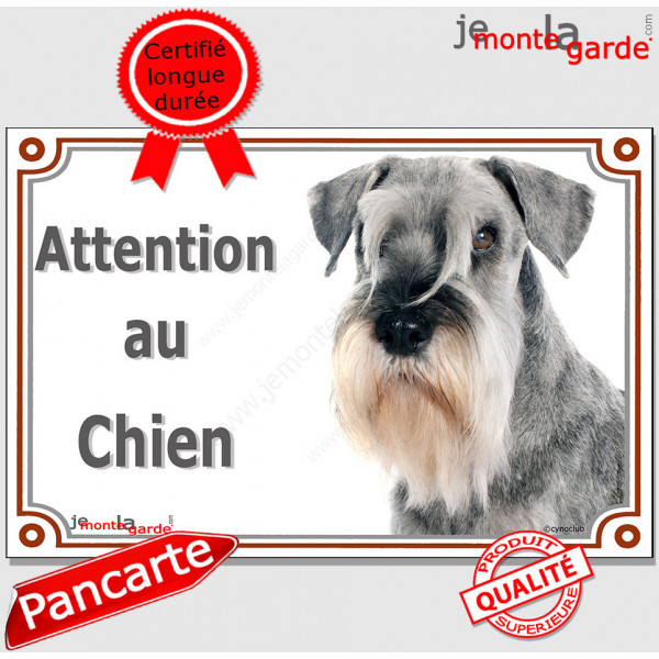 Schnauzer poivre et sel Tête, plaque portail "Attention au Chien" pancarte photo panneau gris