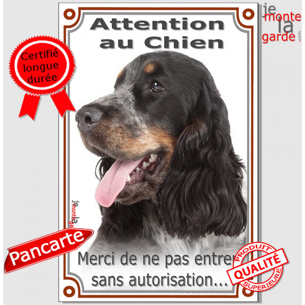 Cocker Anglais Tricolore, Pancarte Portail Verticale "Attention au Chien, interdit sans autorisation" panneau photo