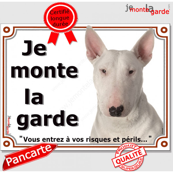 Bull Terrier Blanc, panneau "Je monte la Garde, risques périls" affiche plaque, pancarte photo attention au chien