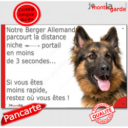 Berger Allemand Poil Long, Plaque humour "parcourt distance niche portail 3 secondes" pancarte panneau photo Attention au chien