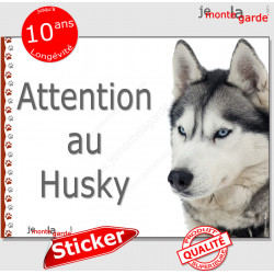 Husky Sibérien blanc gris, Panneau sticker autocollant "Attention au Chien", Photo pancarte plaque adhésif affiche yeux bleus