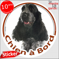 Cocker Anglais bleu, sticker autocollant rond "Chien à Bord" noir et blanc, adhésif vitre voiture photo