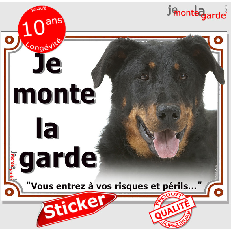 Berger Beauce noir feu, panneau autocollant "Je Monte la Garde, risques périls" portail entrée, sticker adhésif photo Beauceron Berger Beauce noir feu, panneau autocollant "Je Monte la Garde, risques périls" portail entrée, sticker adhésif photo Beauceron