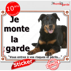 Berger Beauce noir feu, panneau autocollant "Je Monte la Garde, risques périls" portail entrée, sticker adhésif photo Beauceron