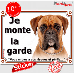 Boxer fauve marron, panneau autocollant "Je Monte la Garde, risques périls" portail entrée, sticker adhésif photo