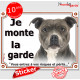 Amstaff gris bleu, panneau autocollant "Je Monte la Garde, risques périls" portail entrée, sticker adhésif photo American Staff