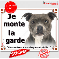 Amstaff, autocollant photo "Je Monte la Garde" 16 cm