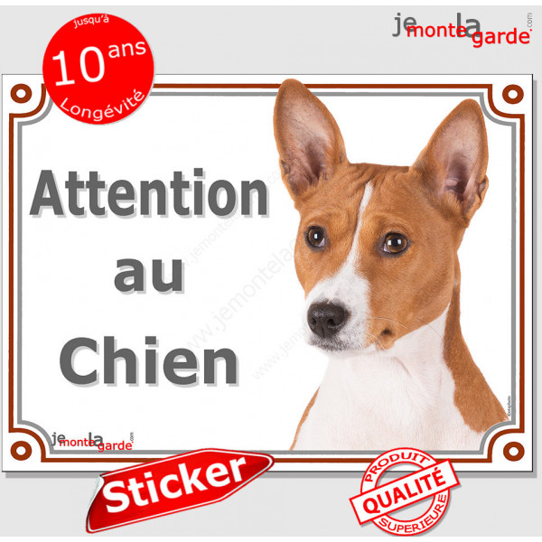 Basenji fauve orange et blanc, panneau autocollant "Attention au Chien" portail entrée, sticker adhésif photo