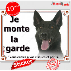 Berger Hollandais bringé foncé noir, panneau autocollant "Je Monte la Garde risques périls" portail entrée sticker adhésif photo
