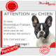 Bouledogue Français caille blanc tâches noires, plaque portail humour "Attention au Chien, Jetez Vous au Sol, secours, courage" 