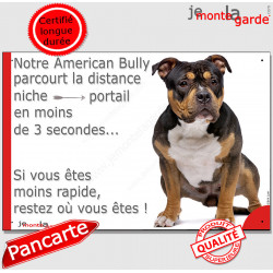 American Bully tricolore, plaque humour "parcourt distance Niche - Portail moins 3 secondes" photo attention au chien