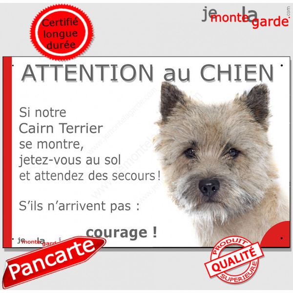 Cairn Terrier fauve, plaque portail humour "Attention au Chien, Jetez Vous au Sol, secours, courage" Pancarte rue drôle sable