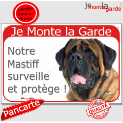 Mastiff Fauve Tête, plaque portail rouge "Je Monte la Garde surveille protège" pancarte fluo visible photo 