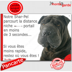 Shar-Peï noir plaque humour "parcourt distance Niche-Portail moins 3 secondes, rapide" pancarte photo attention au chien sharpei