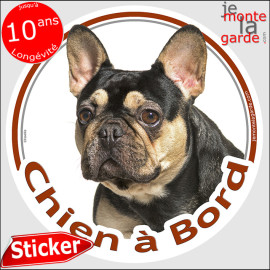 Bouledogue Français noir et feu, sticker autocollant rond "Chien à Bord" Disque adhésif photo Bulldog, résiste pluie soleil gel,