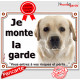 Labrador sable clair tête, plaque portail "je Monte la Garde, risques et périls" pancarte panneau blanc beige photo pancarte