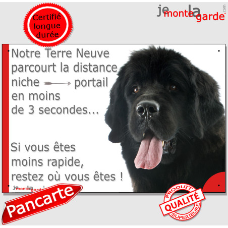 Terre Neuve Noir tête, plaque humour "Attention au chien, distance Niche - Portail moins de 3 secondes" photo résiste pluie sole