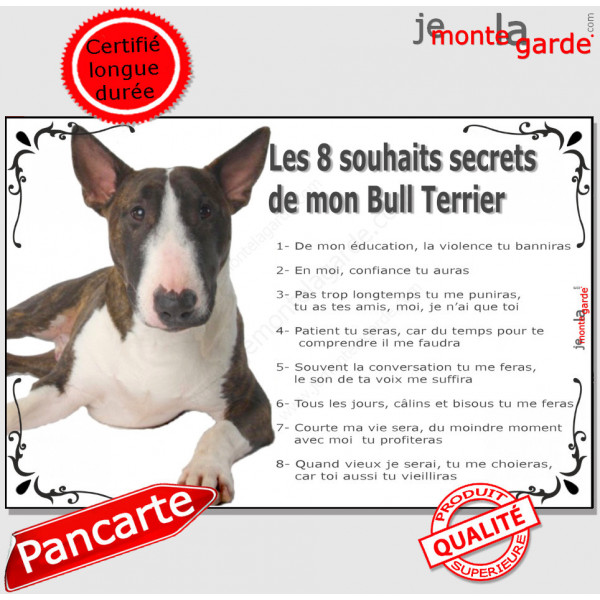 Bull Terrier bringé, plaque photo "Les 8 Souhaits Secrets" idée cadeau règles maison commandements