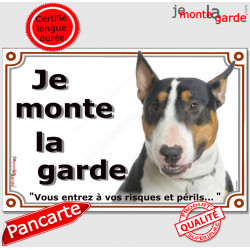 Bull Terrier tricolore Tête, plaque portail "Je Monte la Garde, risques et périls" panneau pancarte attention au chien photo