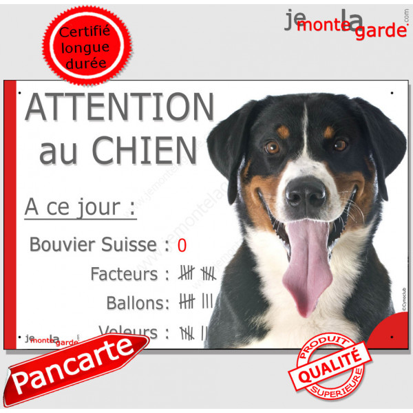 Bouvier Suisse, Pancarte Portail drôle "Attention au Chien, nombre de Facteurs, Voleurs, Ballons !" plaque panneau photo humour