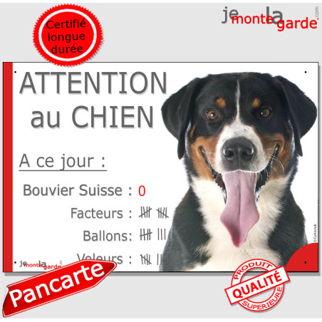 Bouvier Suisse, Pancarte Portail drôle "Attention au Chien, nombre de Facteurs, Voleurs, Ballons !" photo, résiste pluie soleil 