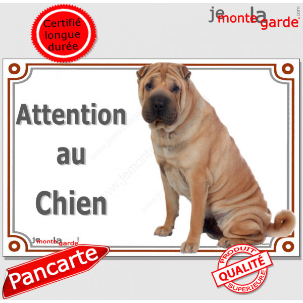 Shar-Peï assis, Plaque portail "Attention au Chien" affiche pancarte panneau Sharpei sable, fauve