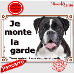 Boxer Bringé foncé, plaque portail "Je Monte la Garde, risques et périls" panneau affiche, rayé attention au chien photo