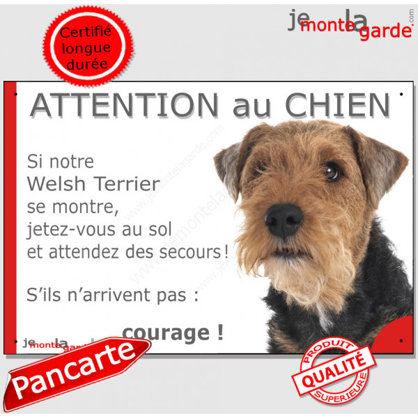 Welsh Terrier, plaque portail humour "Attention au Chien, Jetez Vous au Sol, attendez secours, courage" pancarte drôle photo