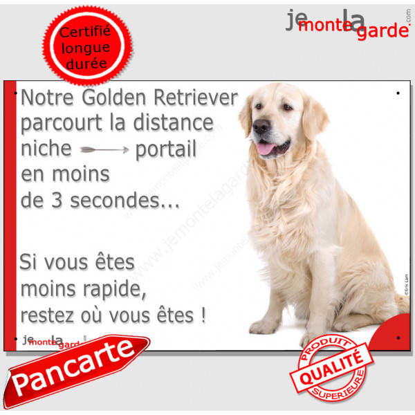 Golden Retriever, plaque humour "parcourt distance Niche-Portail moins 3 secondes, rapide" pancarte photo attention au chien