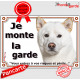 Akita Inu Japonais entièrement blanc, plaque portail "Je Monte la Garde, risques et périls" pancarte panneau attention au chien