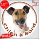 Fox-Terrier à poils lisses Tête, sticker autocollant rond "Chien à Bord" Disque photo adhésif vitre voiture marron