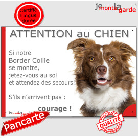 Border Collie marron chocolat poils longs couché, plaque portail humour "Attention au Chien, Jetez Vous au Sol, attendez des sec