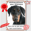 Dobermann noir et feu, plaque portail verticale "Attention au Chien, pas sans autorisation" 24 cm VL