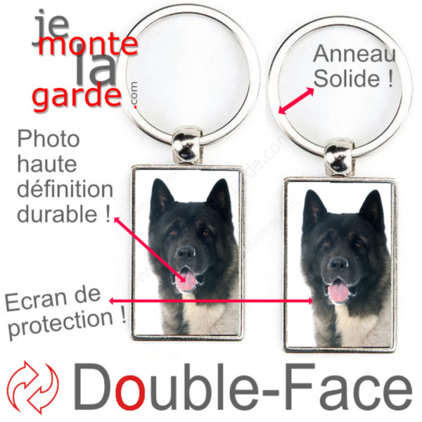 Porte-Clefs métallique double face photo Akita Américain, idée cadeau porte clés fer acier Akita usa