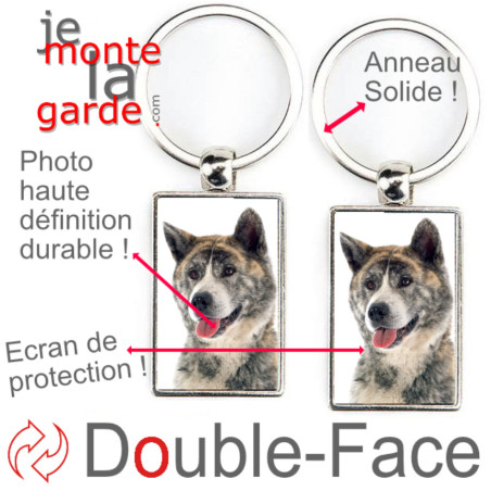 Porte-Clefs Métal, double face photo Akita Inu bringé