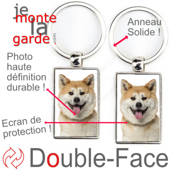 Porte-Clefs métallique double face photo Akita Inu Japonais fauve orange et blanc, idée cadeau porte clés fer acier